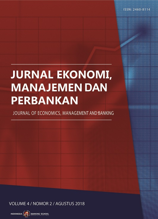 					View Vol. 4 No. 2 (2018): Jurnal Ekonomi, Manajemen dan Perbankan (Journal of Economics, Management and Banking) Volume 4 Nomor 2, Agustus 2018
				